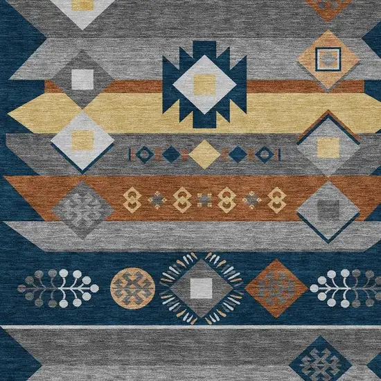 Navy Blue And Orange Geometric Washable Indoor Outdoor Area Rug Photo 3