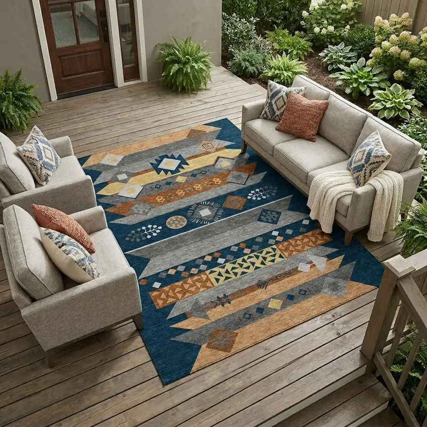 Navy Blue And Orange Geometric Washable Indoor Outdoor Area Rug Photo 1
