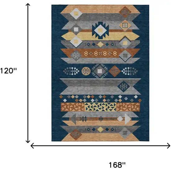 Navy Blue And Orange Geometric Washable Indoor Outdoor Area Rug Photo 7