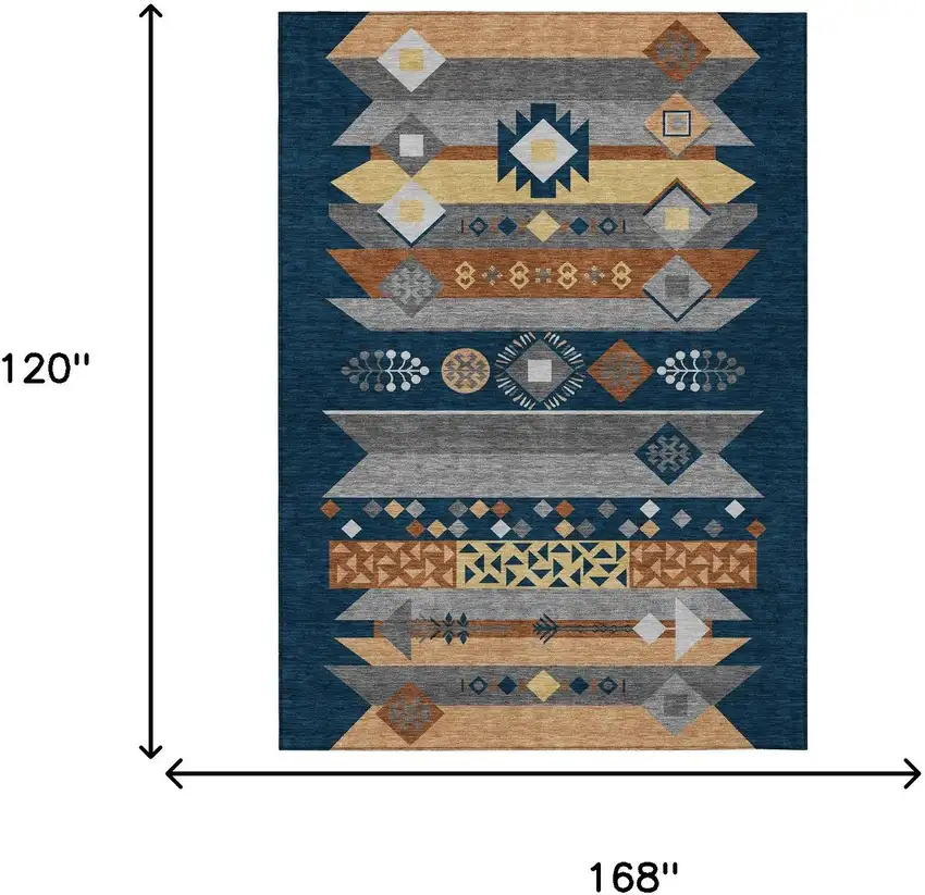 Navy Blue And Orange Geometric Washable Indoor Outdoor Area Rug Photo 7