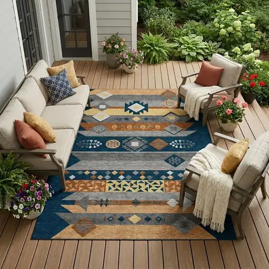Navy Blue And Orange Geometric Washable Indoor Outdoor Area Rug Photo 1
