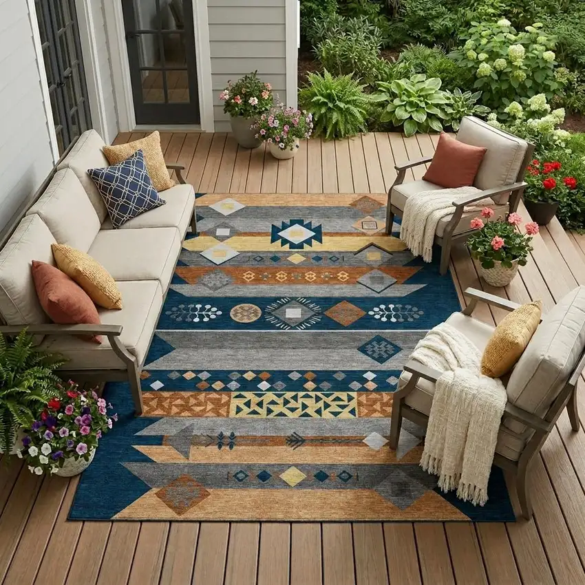 Navy Blue And Orange Geometric Washable Indoor Outdoor Area Rug Photo 1