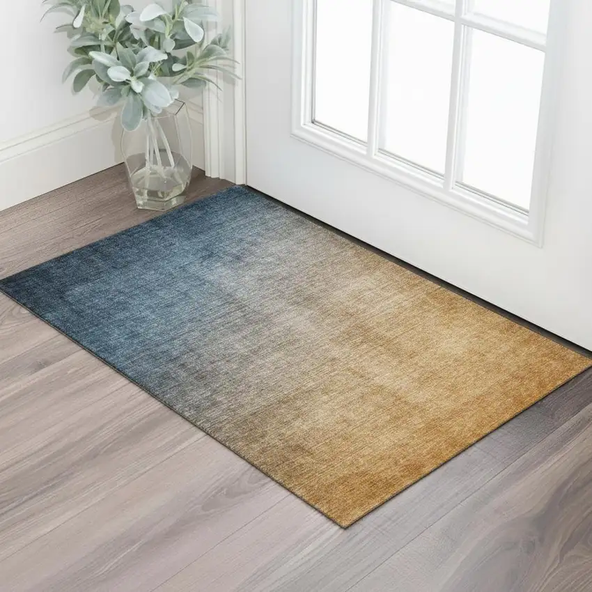 Navy Blue And Orange Ombre Washable Area Rug With UV Protection Photo 1