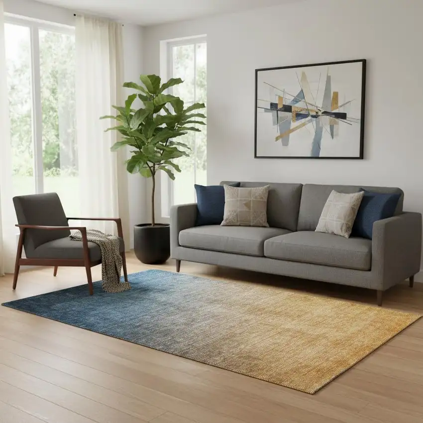 Navy Blue And Orange Ombre Washable Area Rug With UV Protection Photo 1