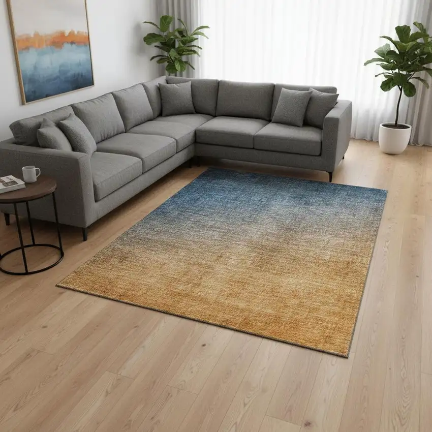 Navy Blue And Orange Ombre Washable Area Rug With UV Protection Photo 2