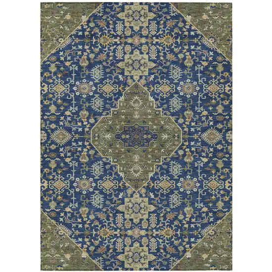 Navy Blue And Pewter Medallion Washable Indoor Outdoor Area Rug Photo 2