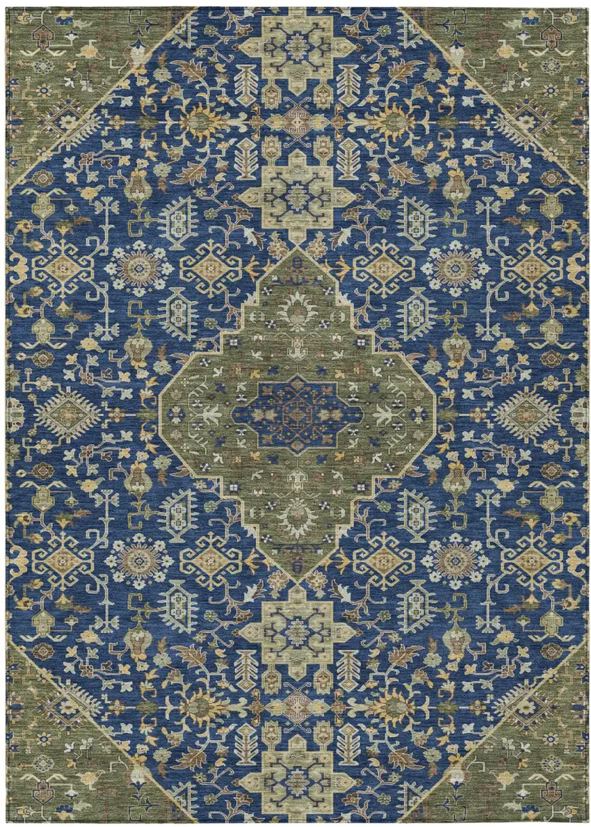 Navy Blue And Pewter Medallion Washable Indoor Outdoor Area Rug Photo 2