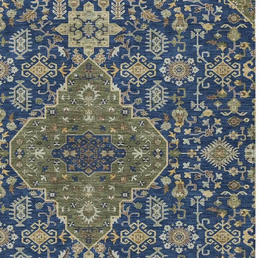 Navy Blue And Pewter Medallion Washable Indoor Outdoor Area Rug Photo 3