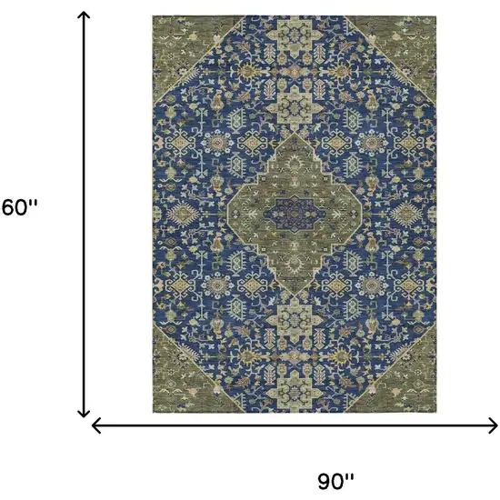 Navy Blue And Pewter Medallion Washable Indoor Outdoor Area Rug Photo 7