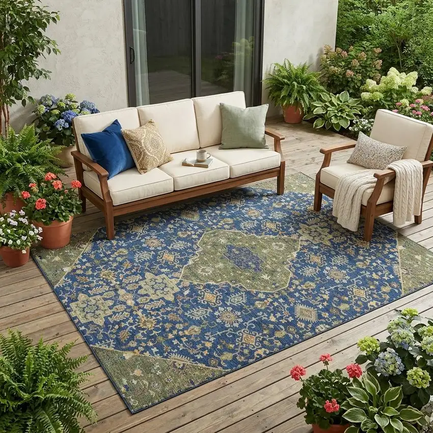 Navy Blue And Pewter Medallion Washable Indoor Outdoor Area Rug Photo 1