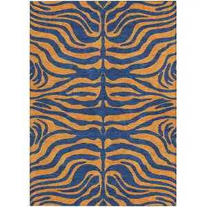 Photo of Navy Blue And Pink Animal Print Washable Indoor Outdoor Area Rug