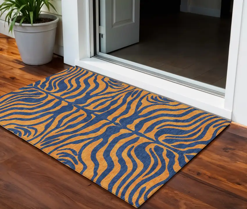 Navy Blue And Pink Animal Print Washable Indoor Outdoor Area Rug Photo 1