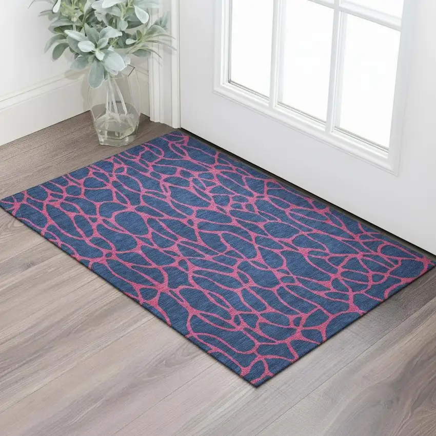 Navy Blue And Pink Geometric Washable Area Rug With UV Protection Photo 2