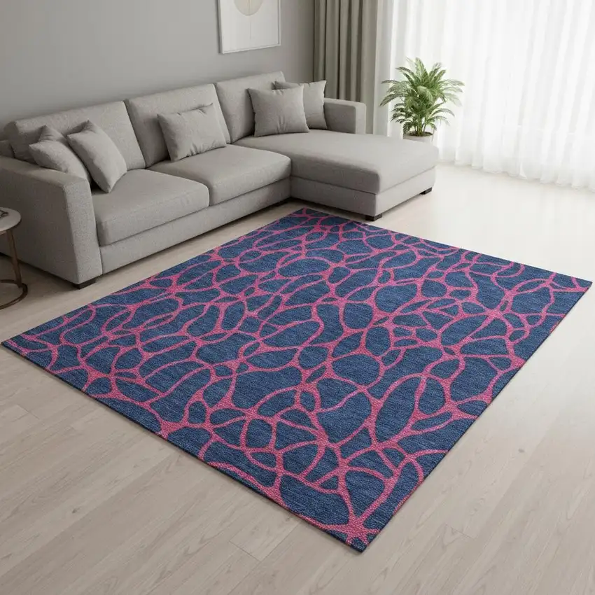 Navy Blue And Pink Geometric Washable Area Rug With UV Protection Photo 2