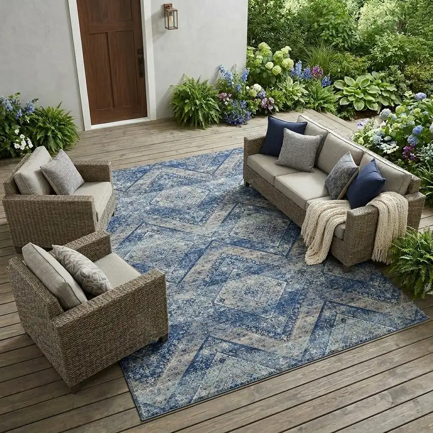 Navy Blue And Pink Tribal Washable Indoor Outdoor Area Rug Photo 1