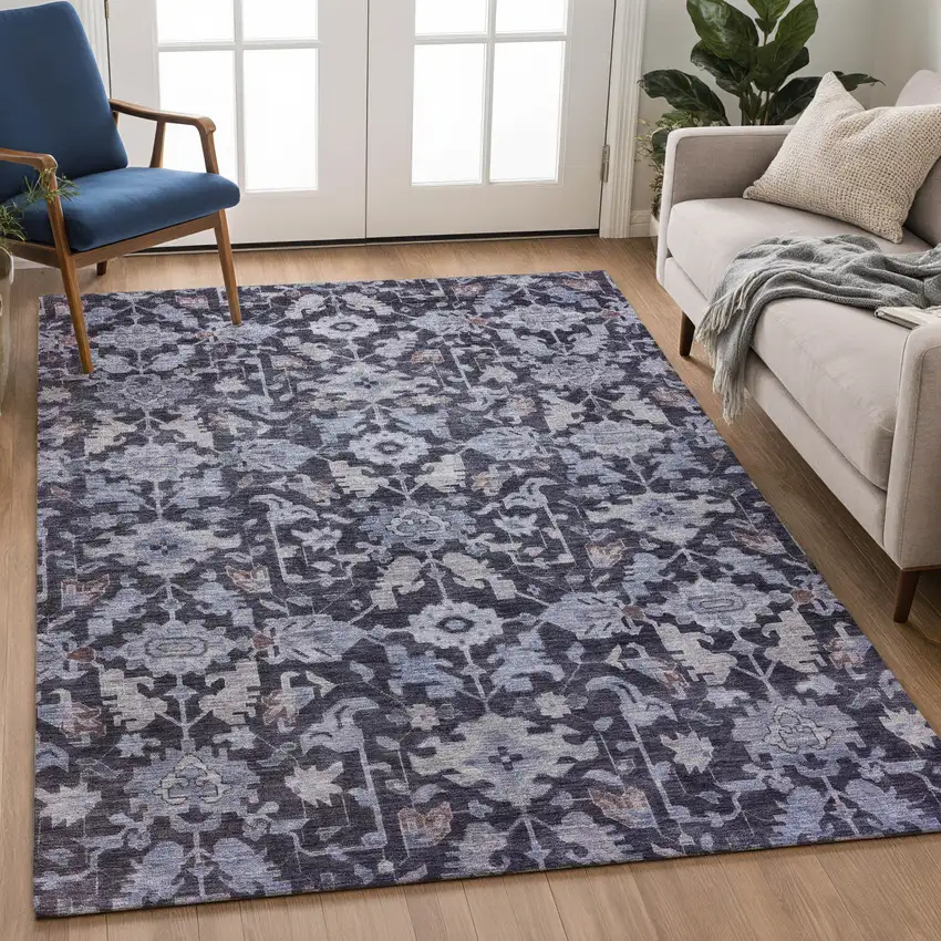 Navy Blue And Plum Floral Washable Indoor Outdoor Area Rug Photo 5