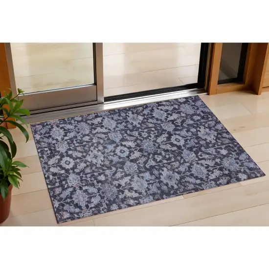 Navy Blue And Plum Floral Washable Indoor Outdoor Area Rug Photo 1