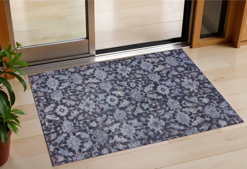 Navy Blue And Plum Floral Washable Indoor Outdoor Area Rug Photo 1
