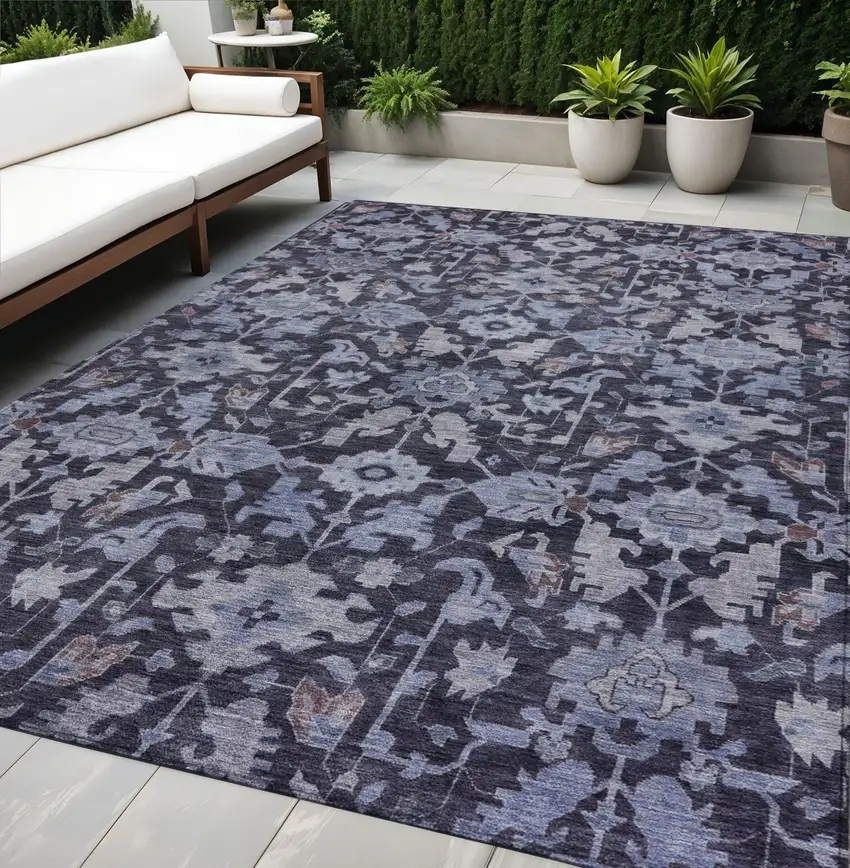 Navy Blue And Plum Floral Washable Indoor Outdoor Area Rug Photo 1