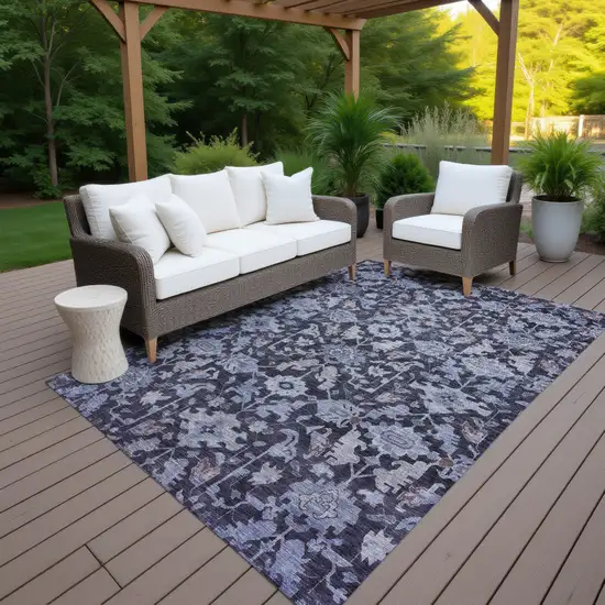 Navy Blue And Plum Floral Washable Indoor Outdoor Area Rug Photo 7