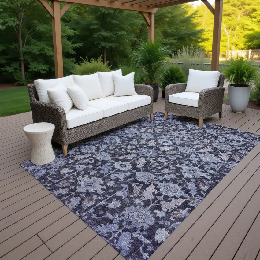 Navy Blue And Plum Floral Washable Indoor Outdoor Area Rug Photo 7