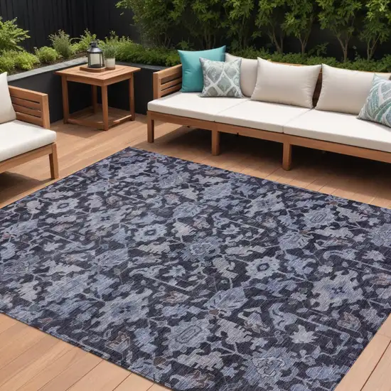 Navy Blue And Plum Floral Washable Indoor Outdoor Area Rug Photo 1