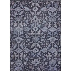 Photo of Navy Blue And Plum Floral Washable Indoor Outdoor Area Rug