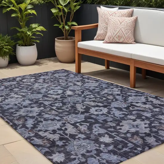 Navy Blue And Plum Floral Washable Indoor Outdoor Area Rug Photo 1