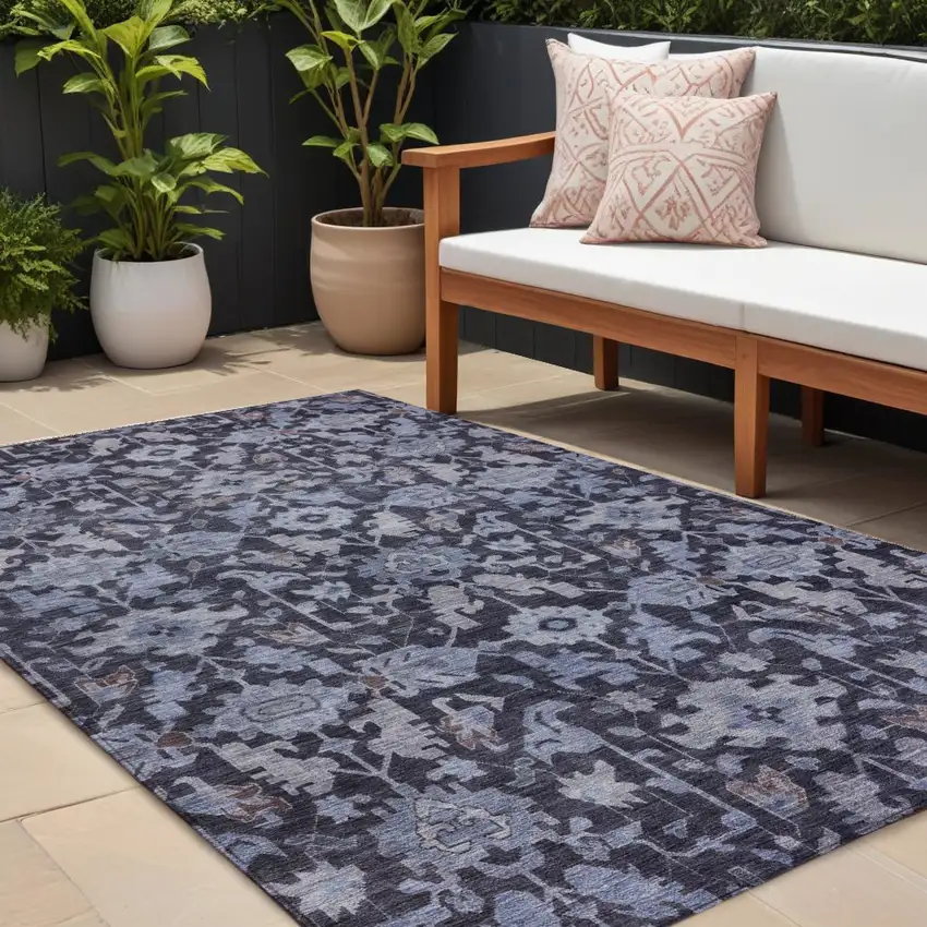 Navy Blue And Plum Floral Washable Indoor Outdoor Area Rug Photo 1