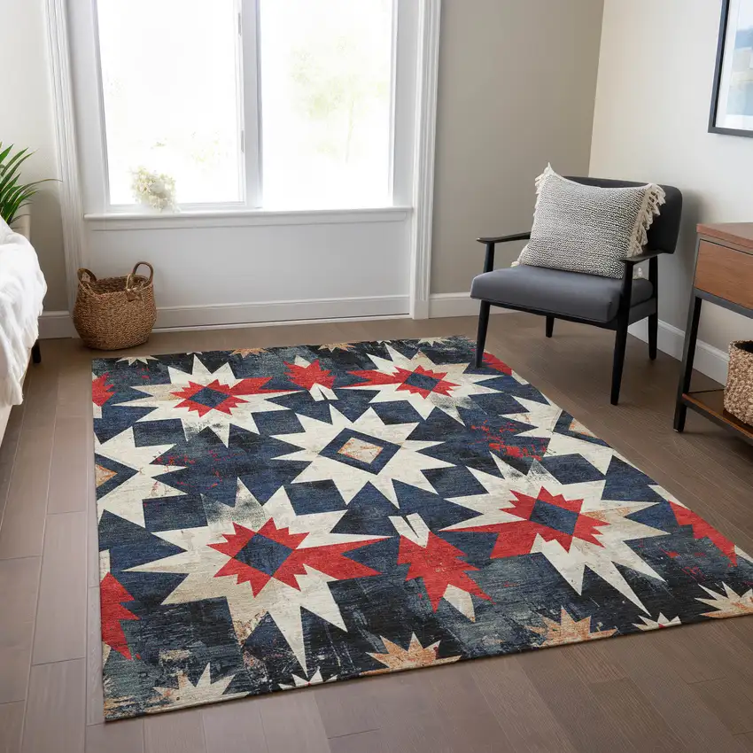 Navy Blue And Red Aztec Washable Indoor Outdoor Area Rug Photo 7