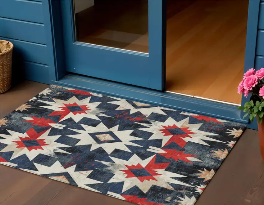 Navy Blue And Red Aztec Washable Indoor Outdoor Area Rug Photo 2