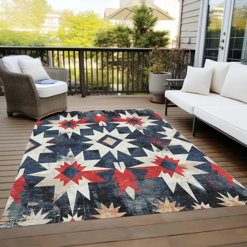 Navy Blue And Red Aztec Washable Indoor Outdoor Area Rug Photo 8