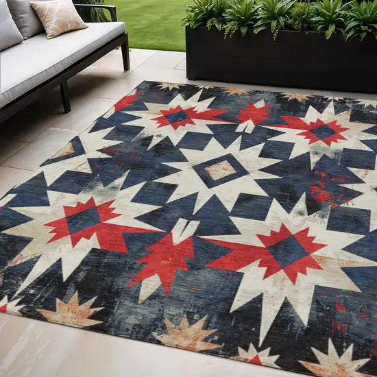 Navy Blue And Red Aztec Washable Indoor Outdoor Area Rug Photo 2