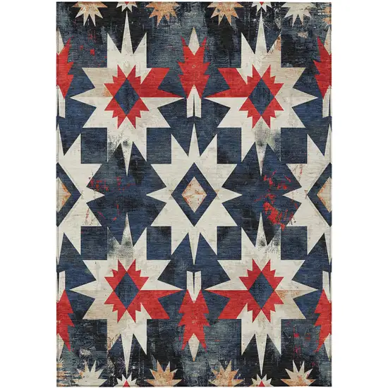 Navy Blue And Red Aztec Washable Indoor Outdoor Area Rug Photo 1
