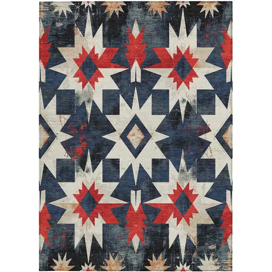 Navy Blue And Red Aztec Washable Indoor Outdoor Area Rug Photo 3