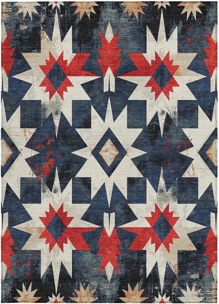 Navy Blue And Red Aztec Washable Indoor Outdoor Area Rug Photo 3