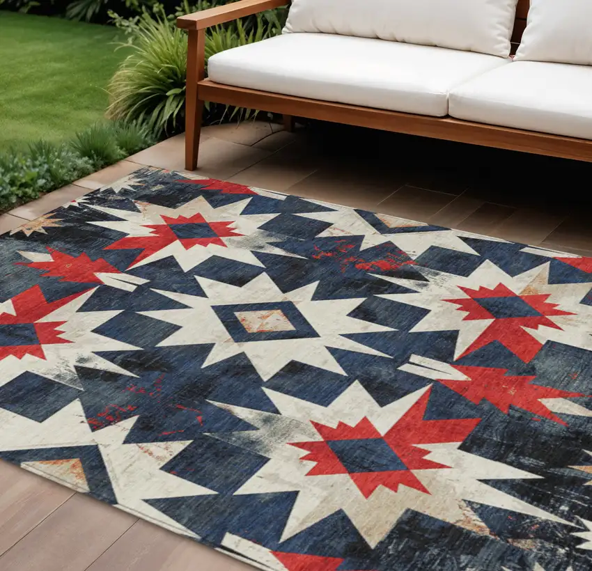 Navy Blue And Red Aztec Washable Indoor Outdoor Area Rug Photo 2