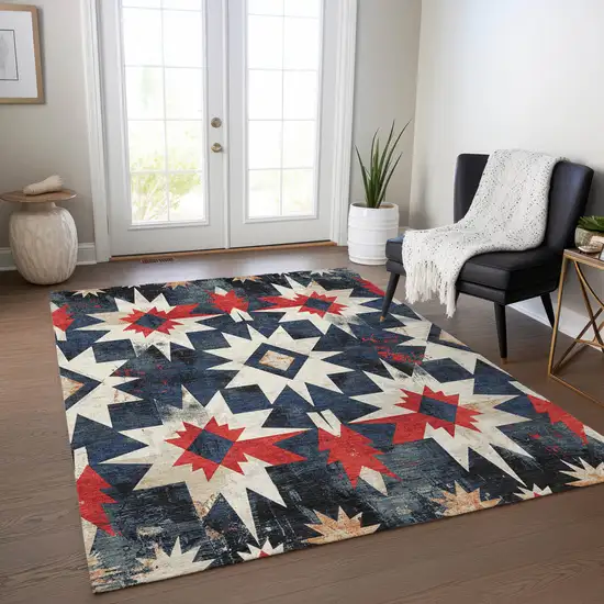 Navy Blue And Red Aztec Washable Indoor Outdoor Area Rug Photo 6
