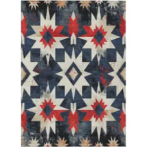 Photo of Navy Blue And Red Aztec Washable Indoor Outdoor Area Rug