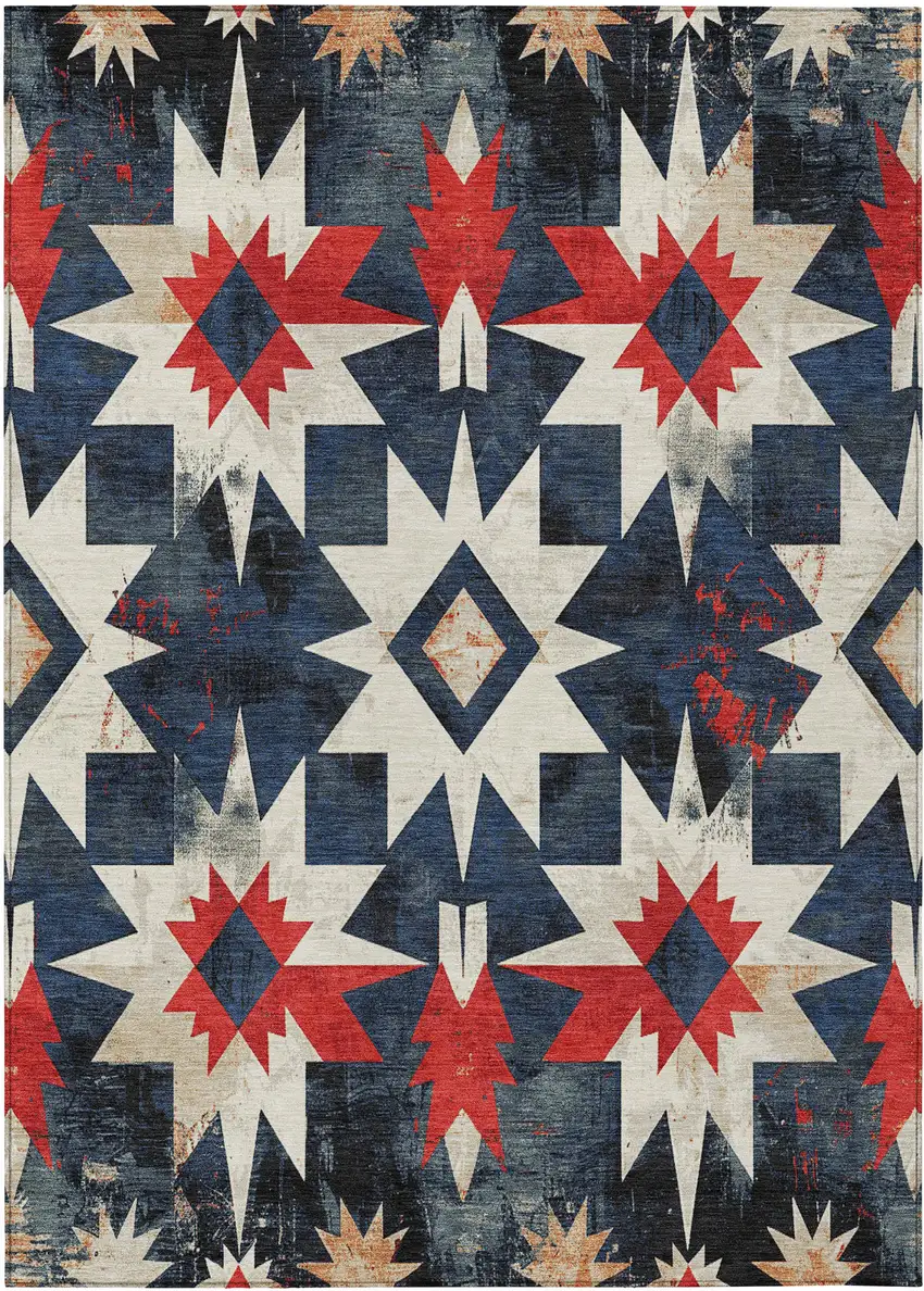 Navy Blue And Red Aztec Washable Indoor Outdoor Area Rug Photo 1