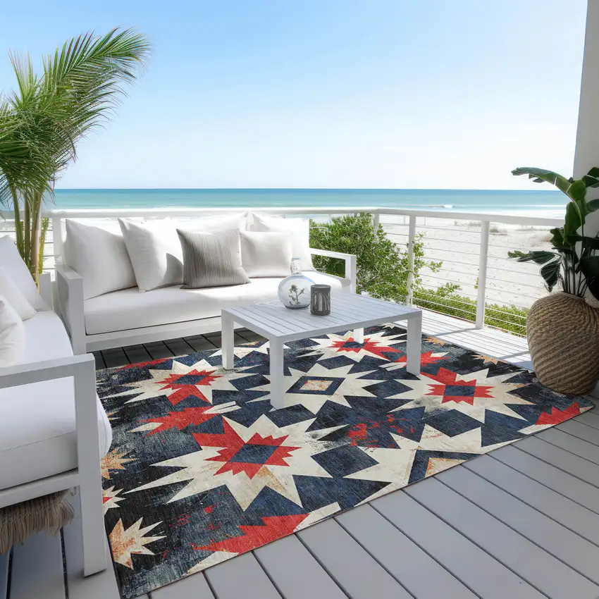 Navy Blue And Red Aztec Washable Indoor Outdoor Area Rug Photo 5