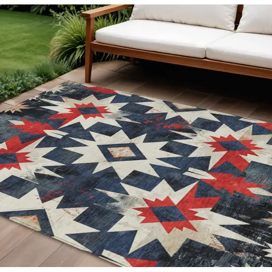 Navy Blue And Red Aztec Washable Indoor Outdoor Area Rug Photo 2