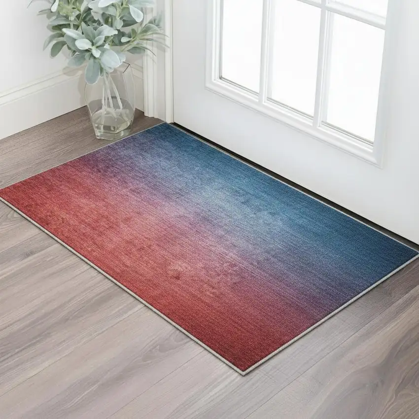 Navy Blue And Red Ombre Washable Area Rug With UV Protection Photo 1