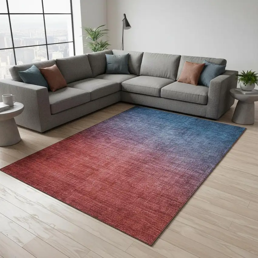 Navy Blue And Red Ombre Washable Area Rug With UV Protection Photo 2