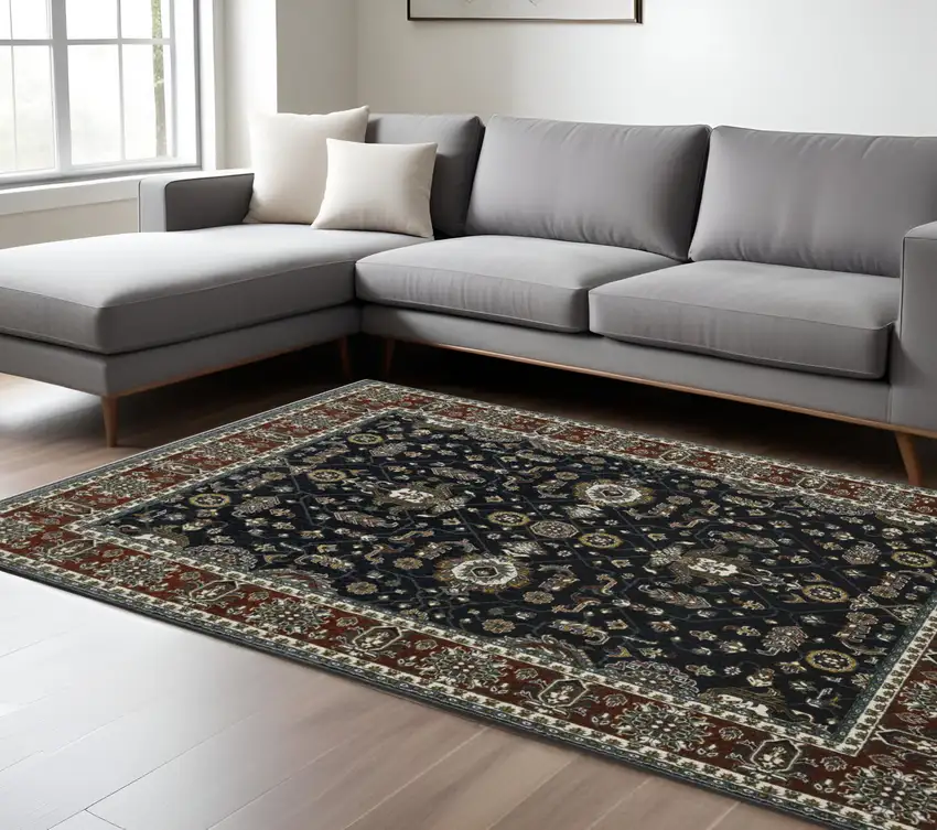 Navy Blue And Rust Oriental Area Rug With Fringe Photo 1