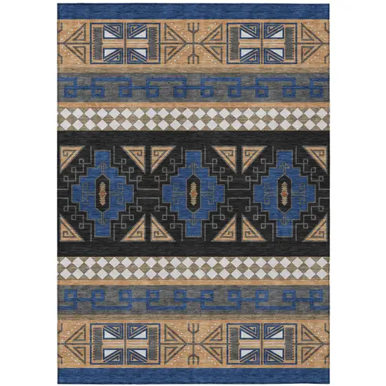 Navy Blue And Salmon Tribal Washable Indoor Outdoor Area Rug Photo 2