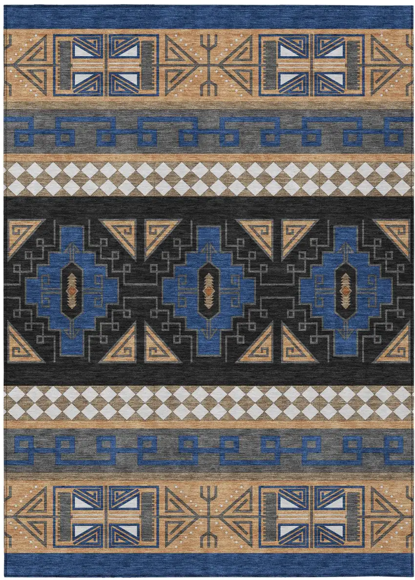 Navy Blue And Salmon Tribal Washable Indoor Outdoor Area Rug Photo 2