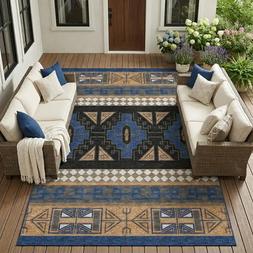 Navy Blue And Salmon Tribal Washable Indoor Outdoor Area Rug Photo 1