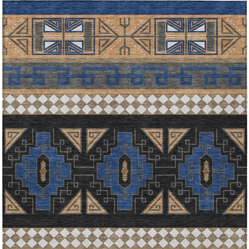 Navy Blue And Salmon Tribal Washable Indoor Outdoor Area Rug Photo 6