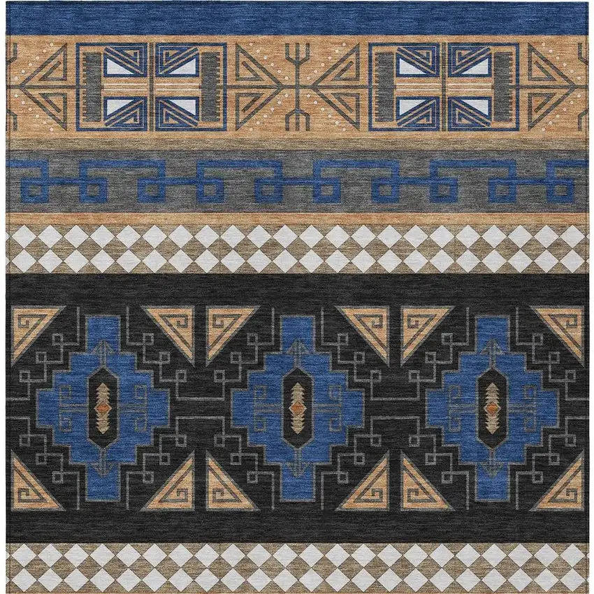 Navy Blue And Salmon Tribal Washable Indoor Outdoor Area Rug Photo 4